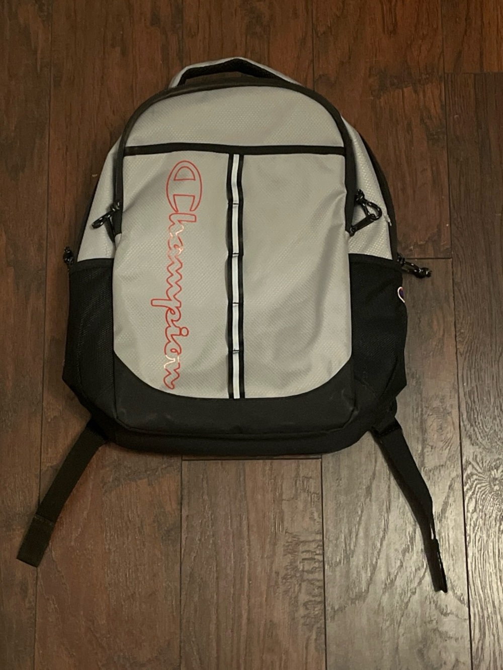 Champion Gray and Black Backpack with Red Script Logo